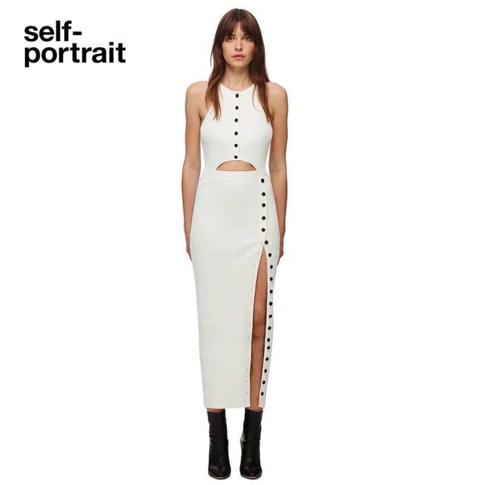 Self-Portrait Cream Midi Dress with Black Buttons